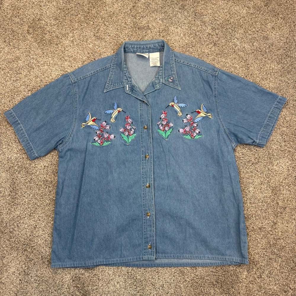 Bobbie Brooks Denim Shirt‎ XL Short Sleeve Hummingbird Floral Embroidered BB193E